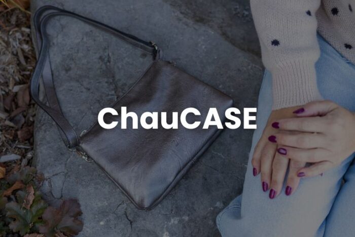 vegan hanbag on rock with women next to it with text